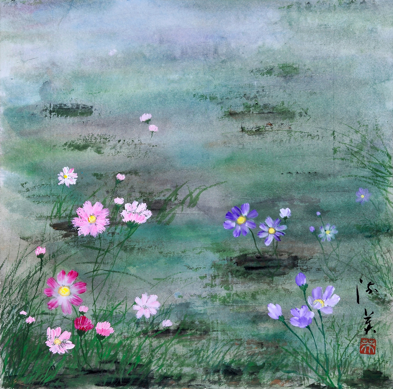 《幸福之花系列 01》34×34cm 纸本水墨设色 写意花草 2015年